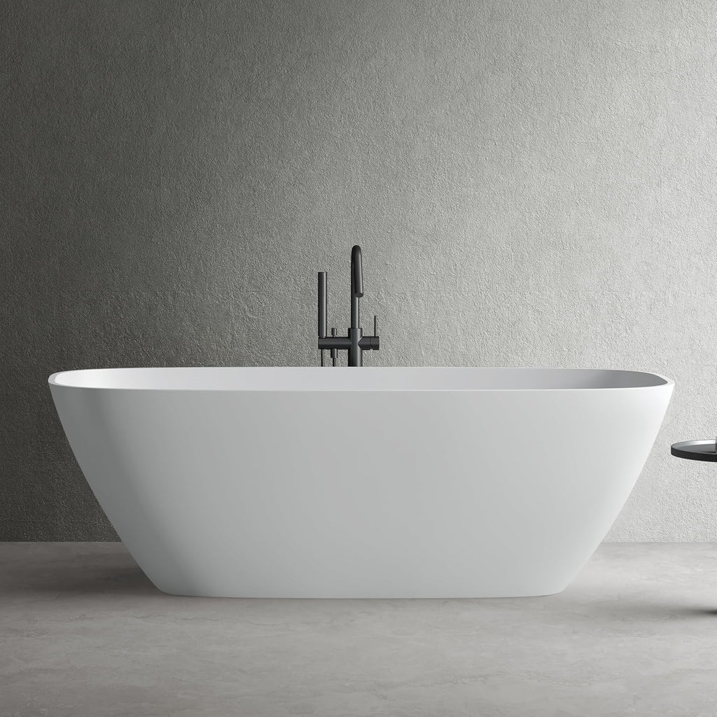 67'' Solid Surface Freestanding Bathtub, Stone Resin Free Standing Tub, Soaking Tub with Overflow and Pop-up Drain, 2 Person Bathtub, White