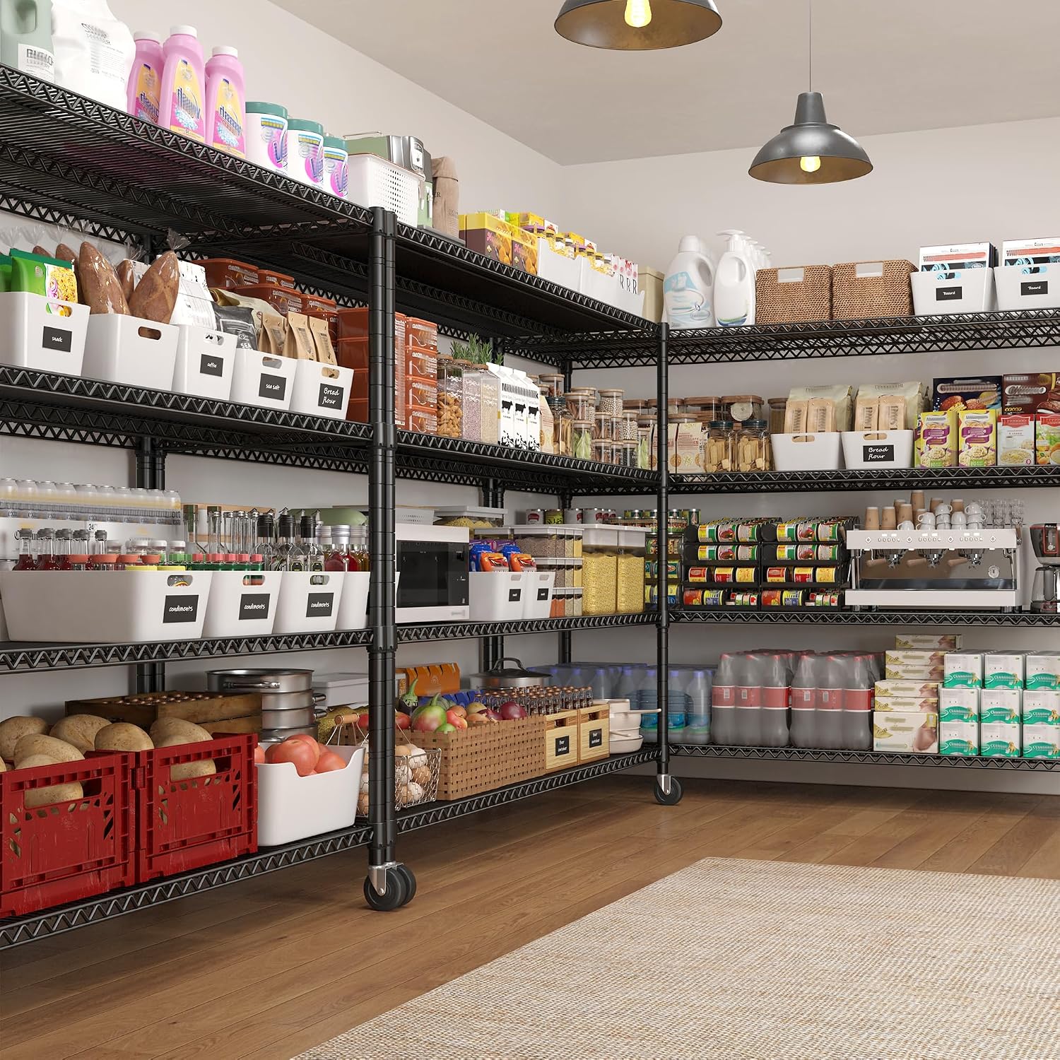 REIBII 60''W Storage Shelves 2399LBS Wire Shelving with Wheels Garage Shelving Heavy Duty Metal Shelves for Storage Rack Adjustable Shelf for Commercial Garage Kitchen, 60' W x 18' D x 65.5' H