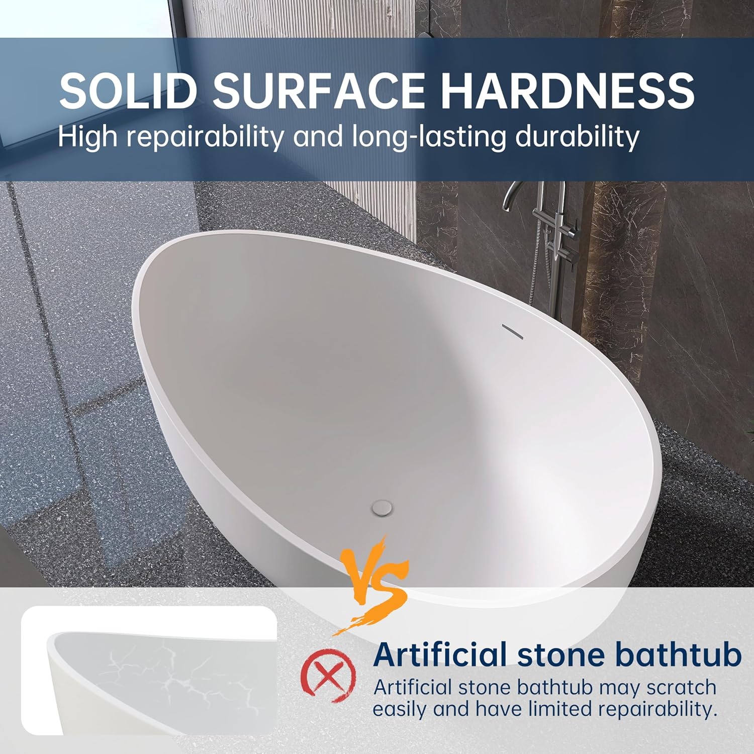 Stone Resin Freestanding Bathtub 71', Elegant Oval Shape Soaking Tub, Solid Surface Stand Alone Bathtub with Drain & Integrated Slotted Overflow Matte White AMMG015-1800