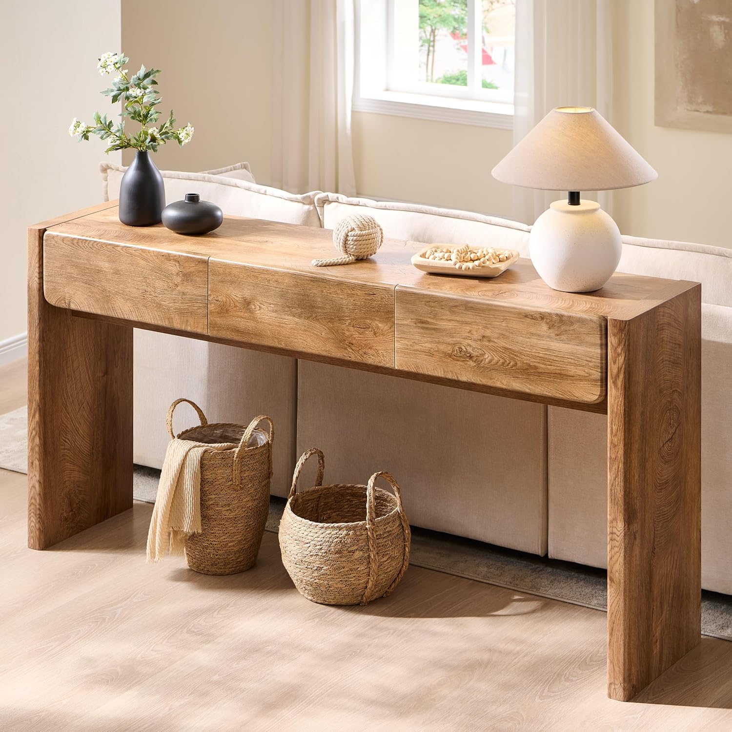 OKD 63'' Console Table with 3 Drawers, Farmhouse Entryway Table with Rounded Corners, Console Table Behind Couch for Living Room/Hallway-Light Knotty Oak