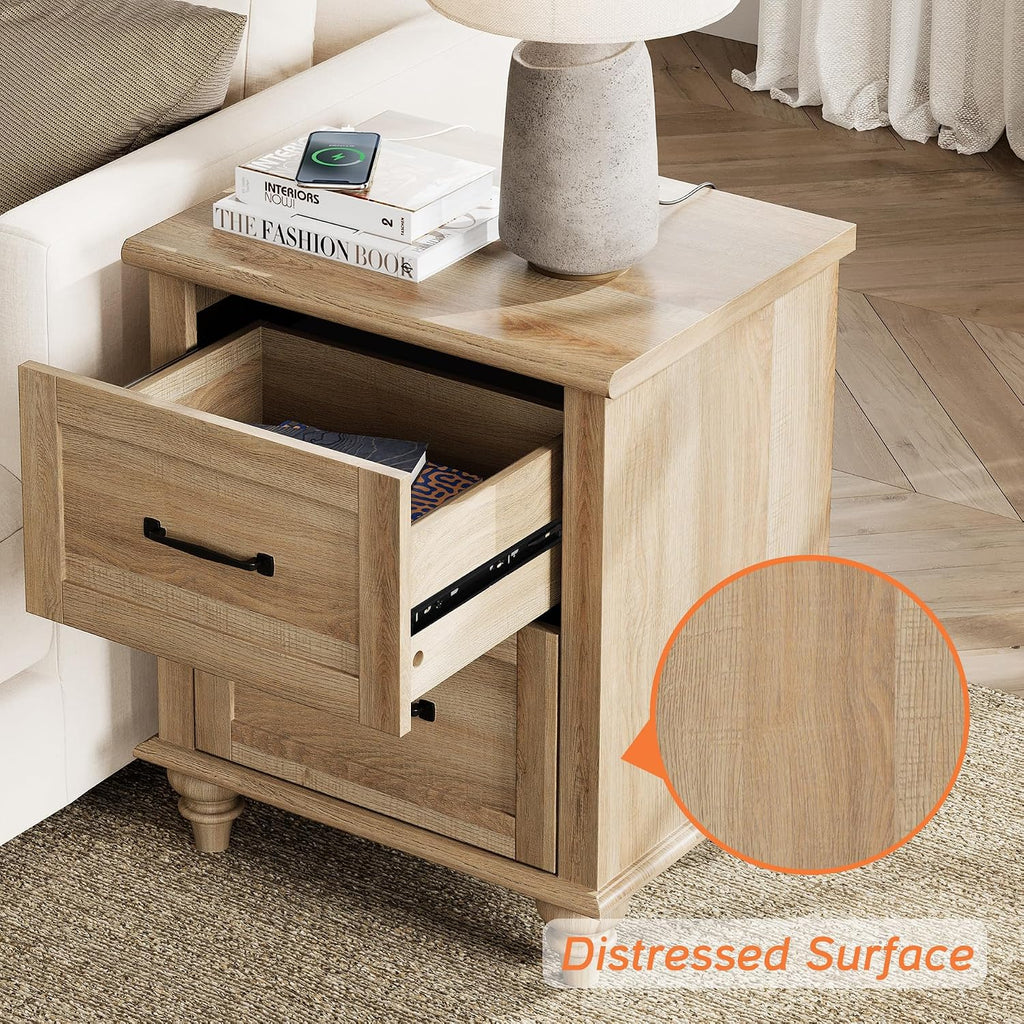 WAMPAT 3 Pieces Living Room Table Set, Set of 2 Nightstands Side Tables with Charging Station, One Rectangle Coffee Table with Storage Cabinet & Drawer, Oak