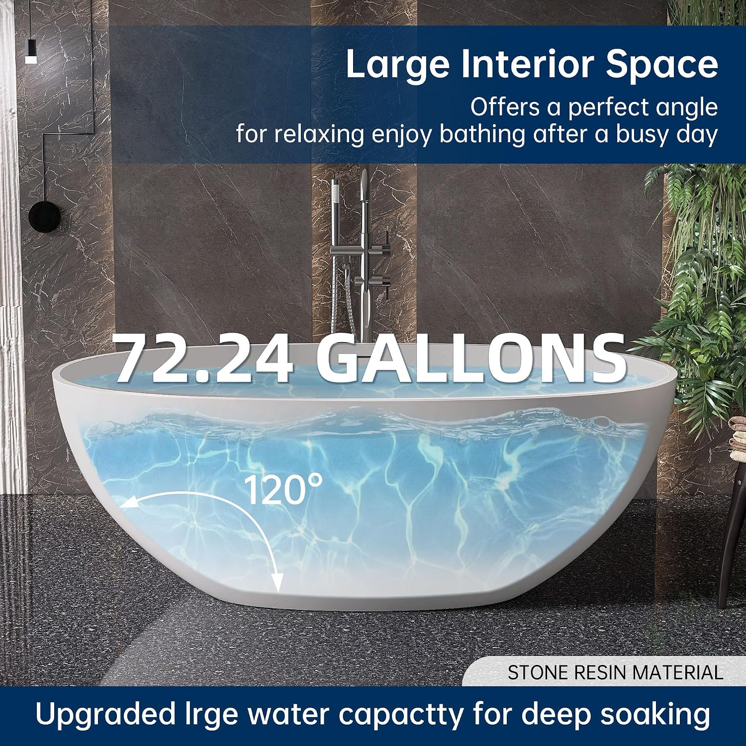 61'' Resin Stone Freestanding Bathtub, Oval Soaking Freestanding Bathtubs with Solid Surface, Soaking Tub with Overflow and Pop up Drain - Light Grey