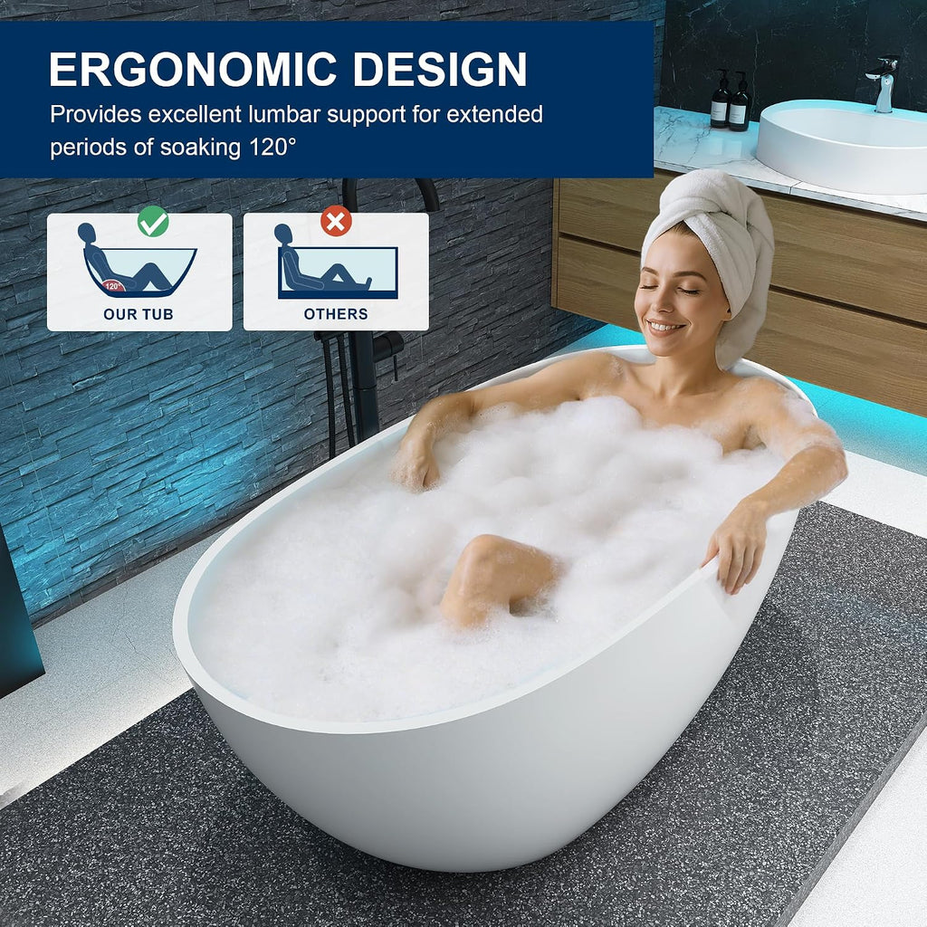 51' Stone Resin Freestanding Bathtub, Modern Oval Solid Surface Soaking Tub, Solid Surface Stand Alone Bathtub with Drain & Integrated Slotted Overflow Matte White AM303-1300