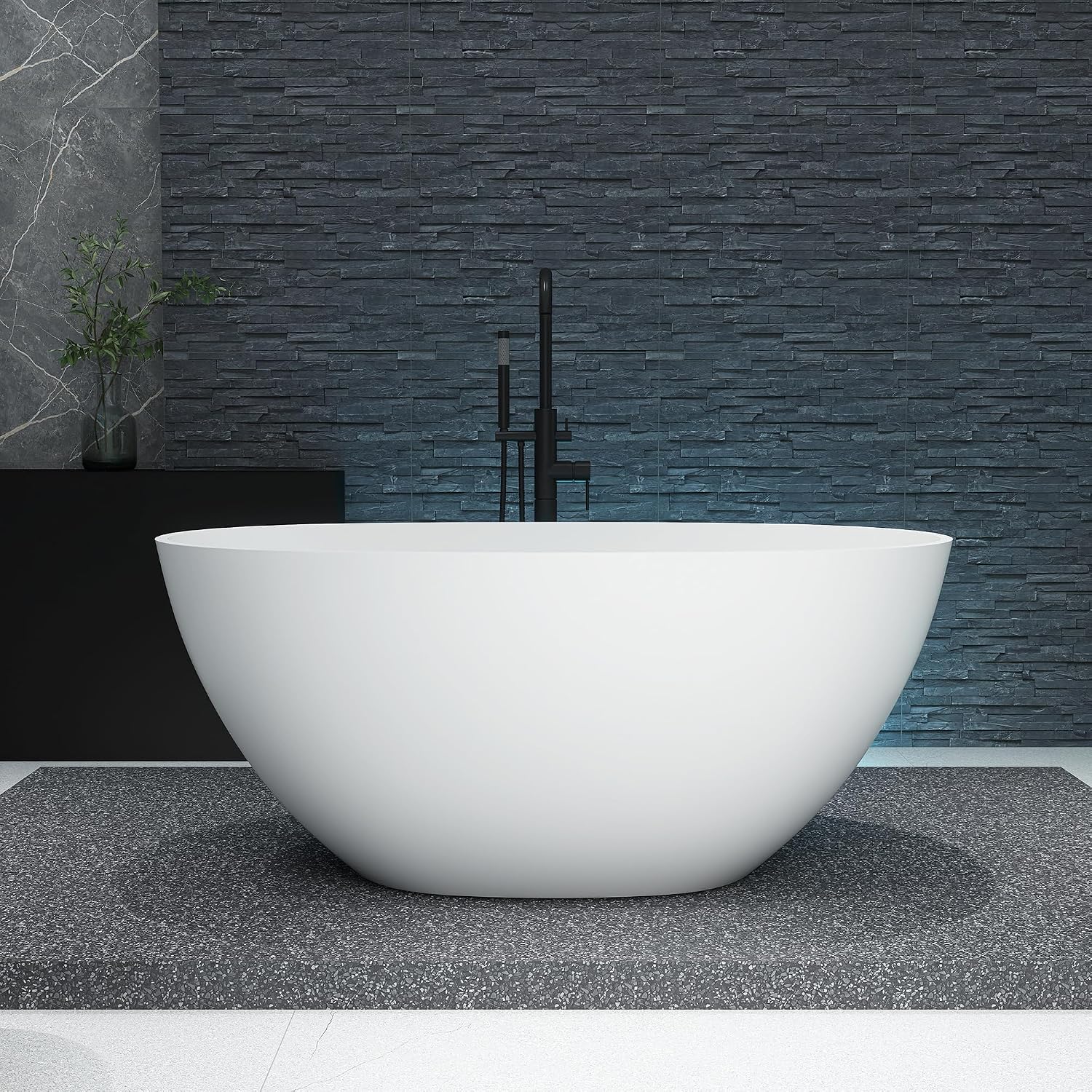 51' Stone Resin Freestanding Bathtub, Modern Oval Solid Surface Soaking Tub, Solid Surface Stand Alone Bathtub with Drain & Integrated Slotted Overflow Matte White AM303-1300