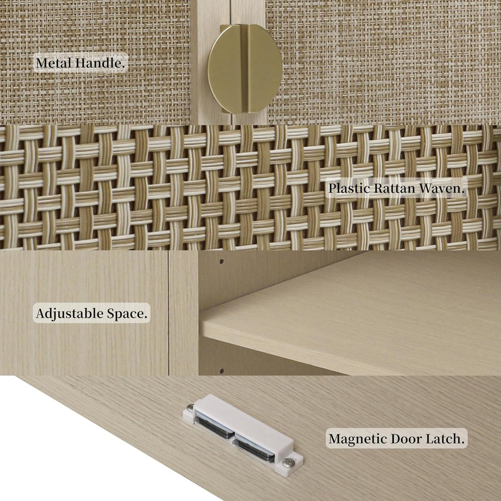 Rattan Storage Cabinet, Beige Boho Sideboard with Adjustable Shelf, Magnetic Door Latch. [2pcs, Beige]