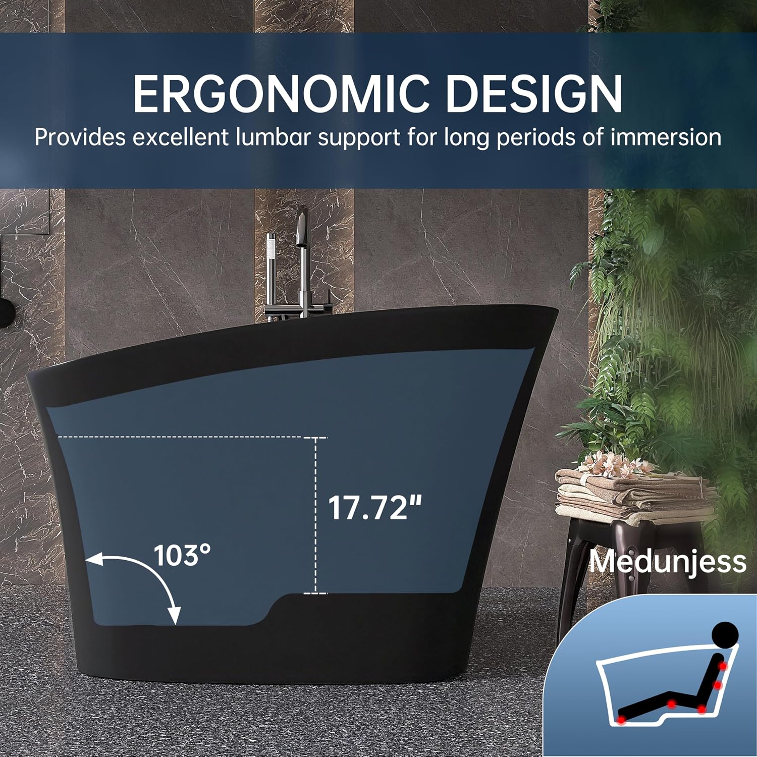 51'' Japanese Soaking Tub Freestanding Bathtub Resin Stone Bathtubs Deep soaking Tub with Overflow and Pop-up Drain - black