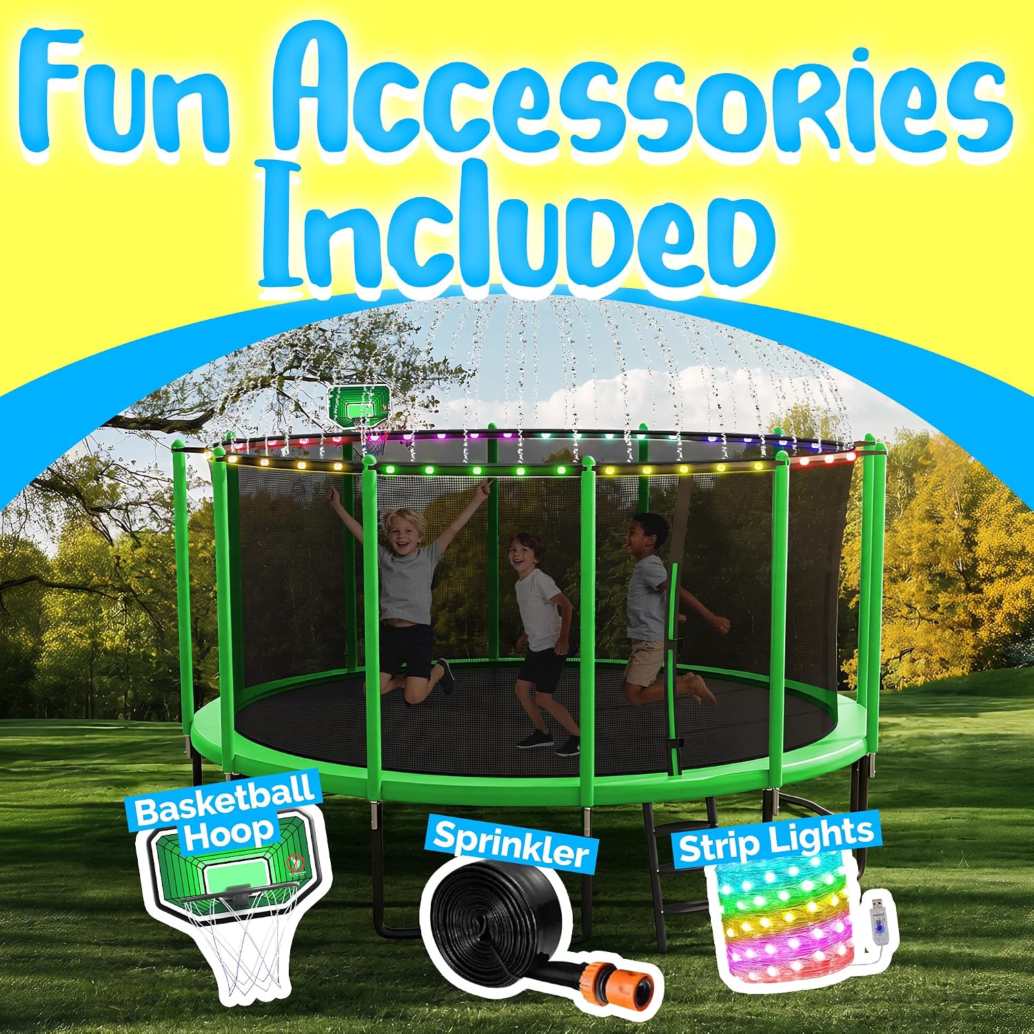 YORIN Backyard Bouncer Bundle with Basketball Hoop, Light String & Sprinkler, Heavy Duty Jumping Set for Kids & Adults, 10 12 14 15 16FT, 1500LBS Capacity, ASTM Certified, Galvanized Steel Frame