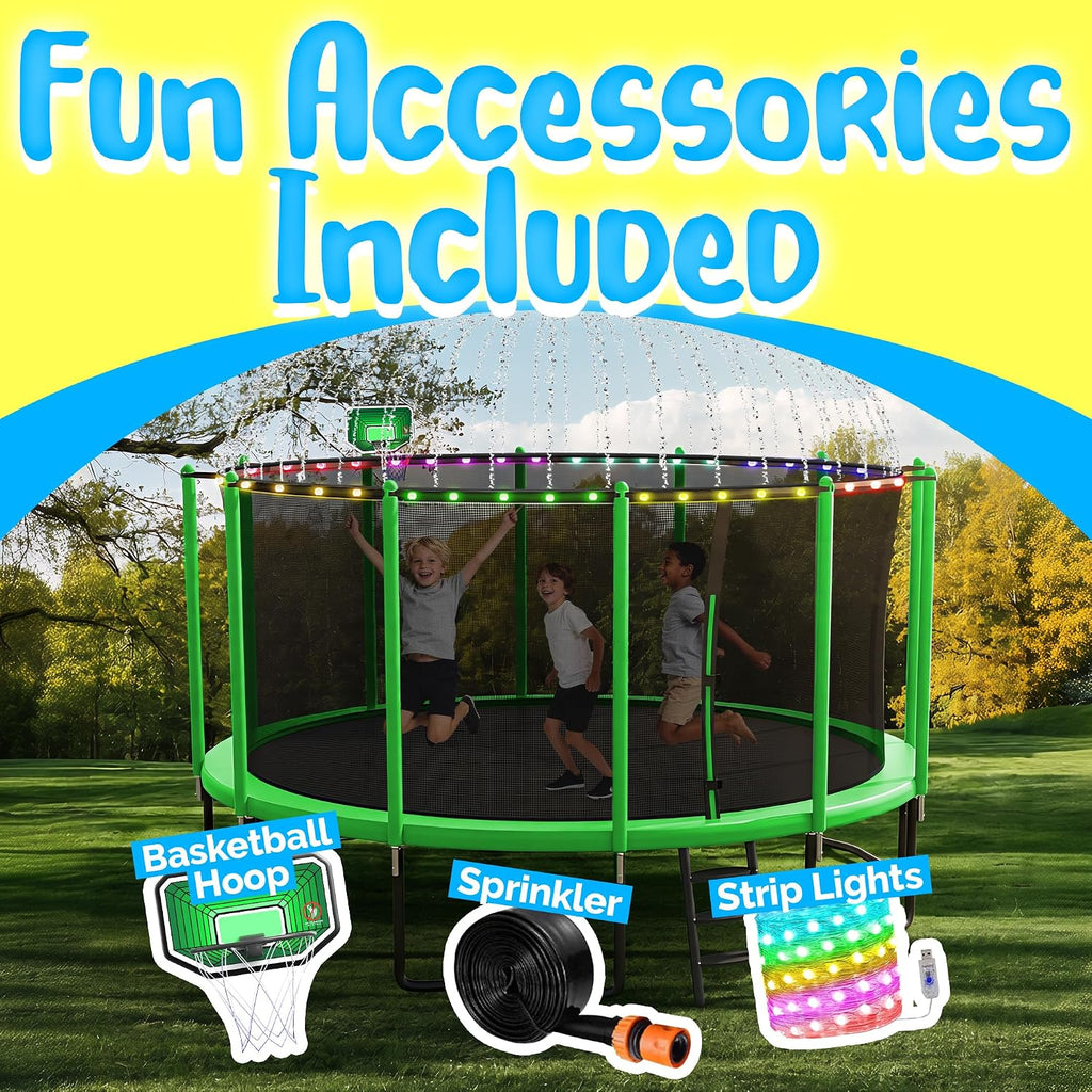 YORIN Backyard Bouncer Bundle with Basketball Hoop, Light String & Sprinkler, Heavy Duty Jumping Set for Kids & Adults, 10 12 14 15 16FT, 1500LBS Capacity, ASTM Certified, Galvanized Steel Frame