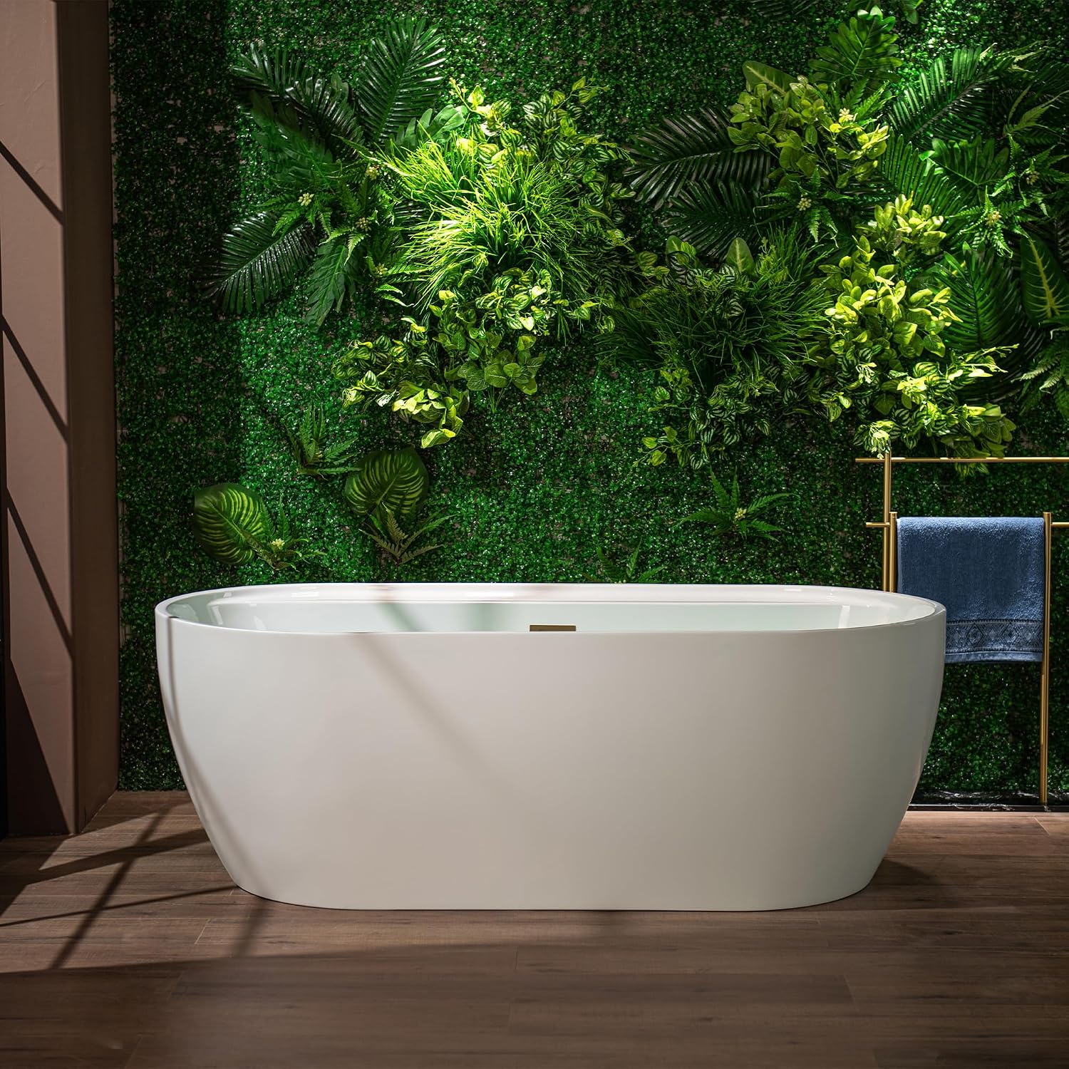 WOODBRIDGE 67' Acrylic Freestanding Bathtub Contemporary Soaking White Tub with Brushed Gold Overflow and Drain,B0063-BG
