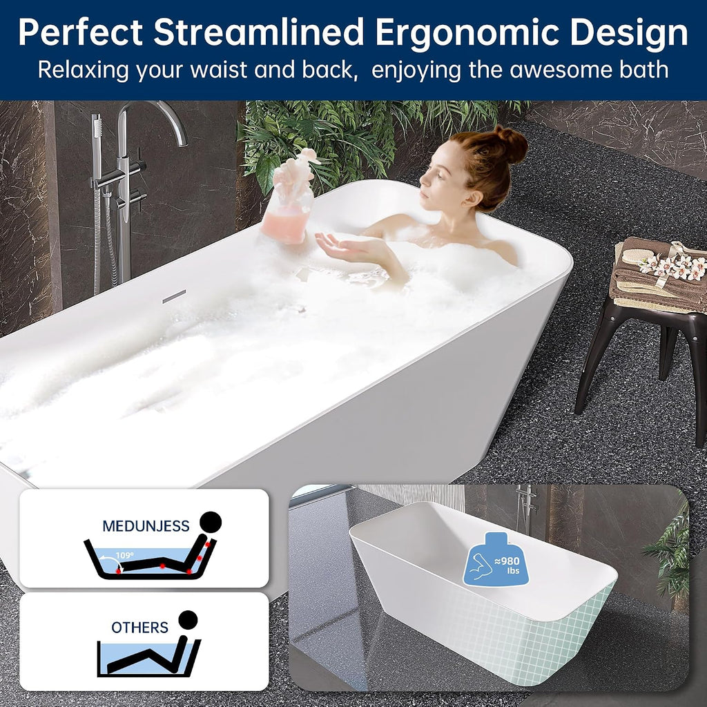 Stone Resin Freestanding Bathtub 67 ', Elegant Oval Shape Soaking Tub, Solid Surface Stand Alone Bathtub with Drain & Integrated Slotted Overflow Matte White AMFS340-1700