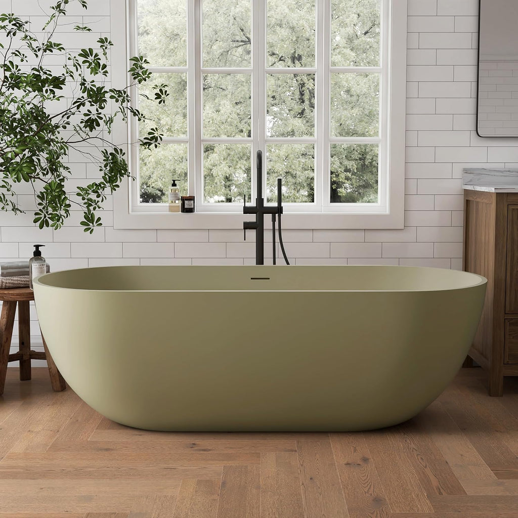 69' Freestanding Solid Surface Bathtub, Matte Olive Green | Resin Stone, Modern Design Stand Alone Tub with Drain, Colorful Free Stand Tub
