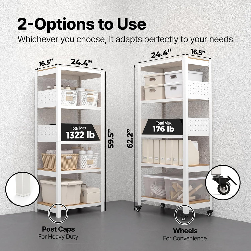 HOMEDANT 5-Tier Rolling Shelving Unit with Lockable Wheels Multipurpose Storage Cart with Pegboards for Kitchen Laundry Pantry 24' W 1Pack
