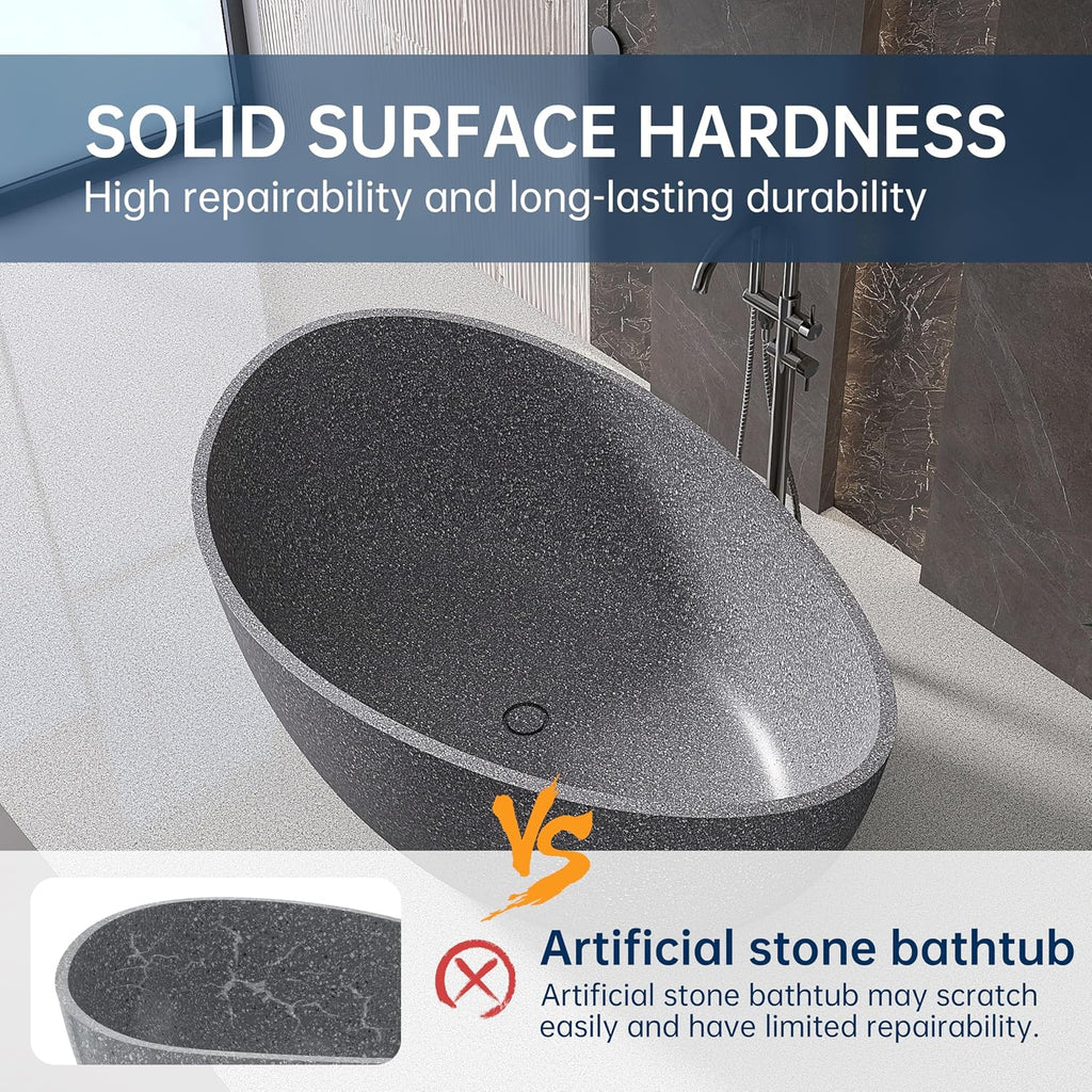 Terrazzo Freestanding Bathtub 65', Solid Surface Soaking Tub, Elegant Oval Shape Free Standing Tub, Stand Alone Bathtub with Drain & Integrated Slotted Overflow Grey AMMG010