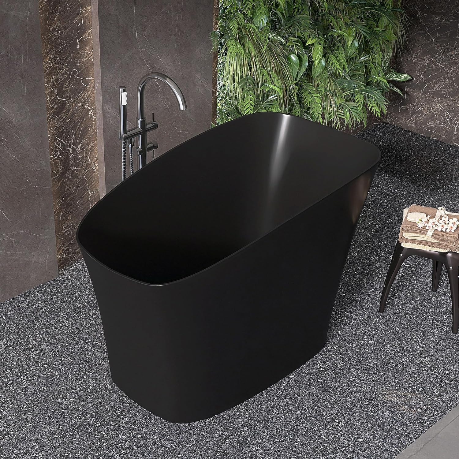 51'' Japanese Soaking Tub Freestanding Bathtub Resin Stone Bathtubs Deep soaking Tub with Overflow and Pop-up Drain - black