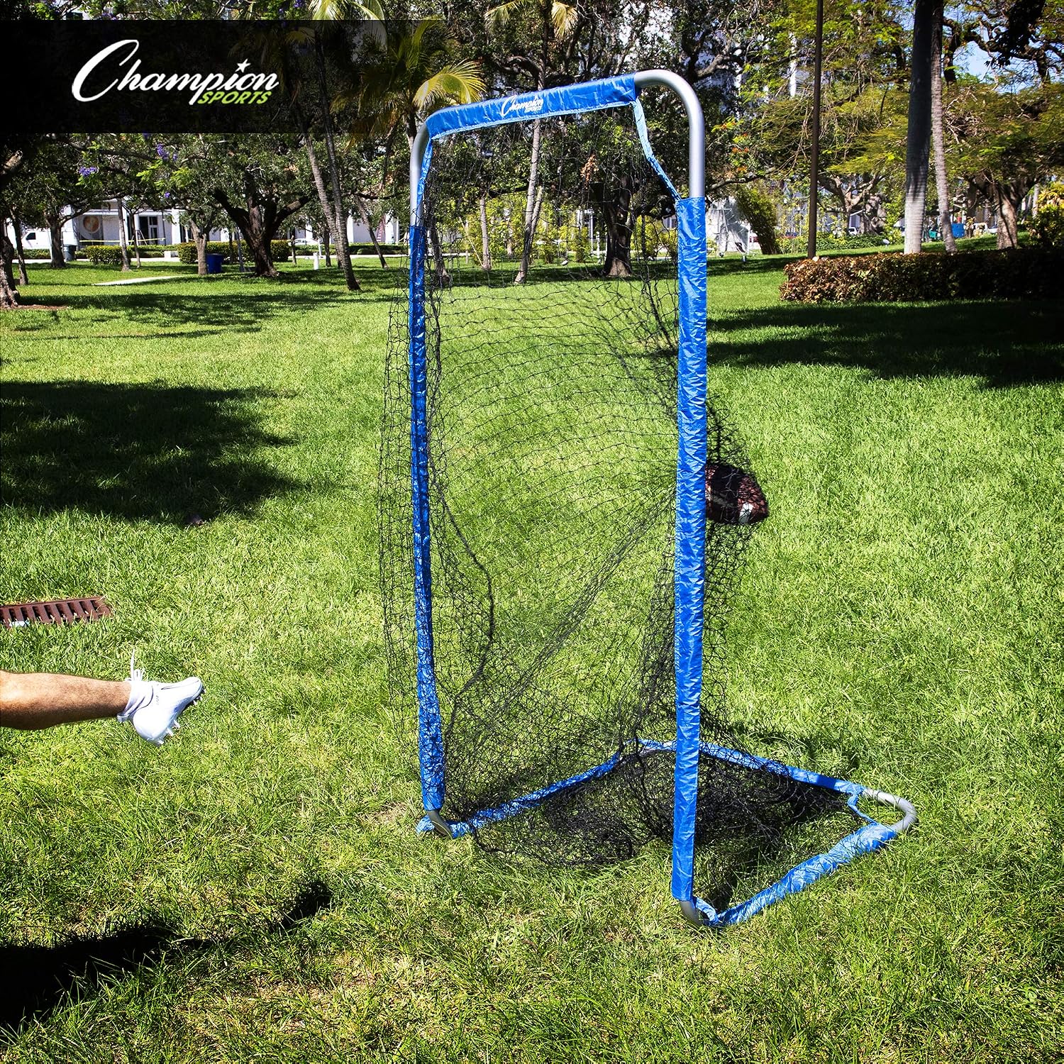 Champion Sports Football Kicking Screen - Powder Coated Steel - Extra Deep Pocket - White/Blue