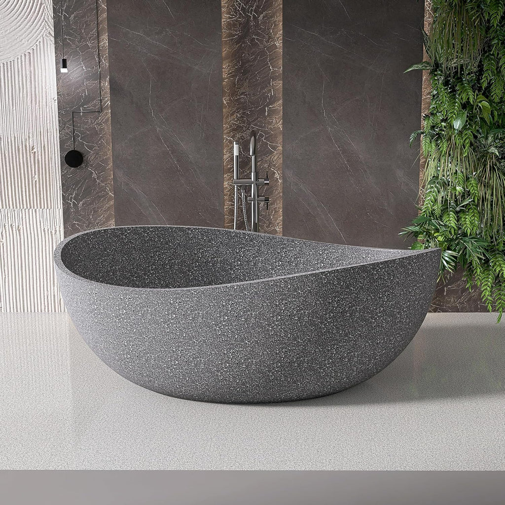 Terrazzo Freestanding Bathtub 65', Solid Surface Soaking Tub, Elegant Oval Shape Free Standing Tub, Stand Alone Bathtub with Drain & Integrated Slotted Overflow Grey AMMG010