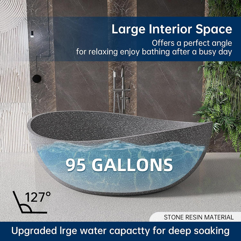 Terrazzo Freestanding Bathtub 65', Solid Surface Soaking Tub, Elegant Oval Shape Free Standing Tub, Stand Alone Bathtub with Drain & Integrated Slotted Overflow Grey AMMG010